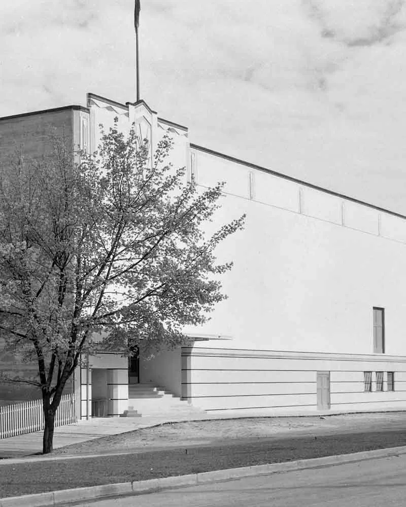 The Civic Centre on Vernon Street, a white art deco building behind a young tree